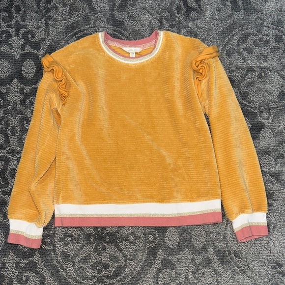 Matilda Jane Mustard velour corded Crewneck Sweater with Ruched Shoulders - Picture 1 of 3